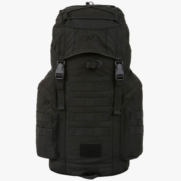 highlander forces loader 33 litre black 2 side pockets front straps with duraflex buckles at front rucksack top hood with highlander logo and front molle straps