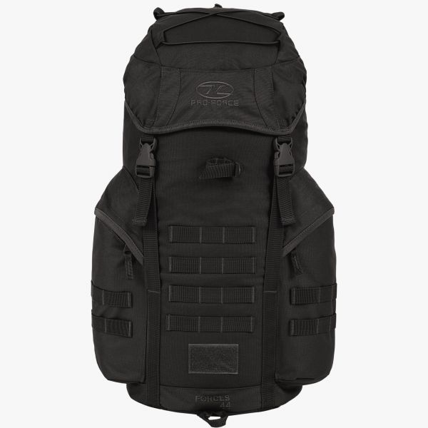 highlander forces rucksack 44 litre. front 2 buckles securing hood. front molle straps and 2 side pockets with molle. pro force logo