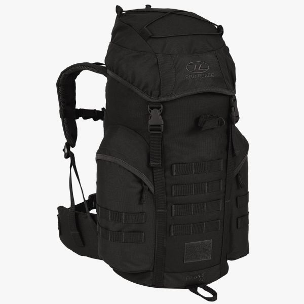 side shot .highlander forces rucksack black 44 litre. front 2 buckles securing hood. front molle straps side pocket. 2 padded shoulder straps, padded waist strap shock cord load carrying strap on hood