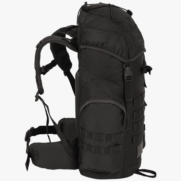 side shot .highlander forces rucksack black 44 litre. front 2 buckles securing hood. front molle straps side pocket. 2 padded shoulder straps, padded waist strap shock cord load carrying strap on hood